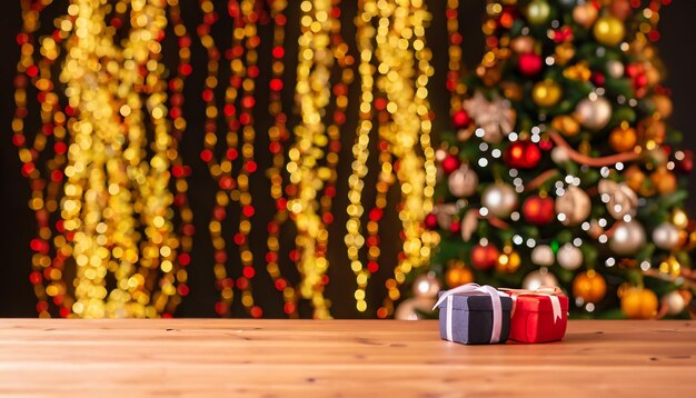 Foto pino navideño tradicional con adornos navideños en el fondo y pila de regalos