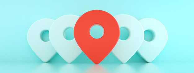 Pinos 3D com o primeiro em vermelho, símbolo do mapa de localização 3D render sobre maquete panorâmica de fundo azul