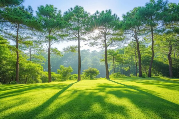 Los pinos en un campo verde exuberante en un día soleado