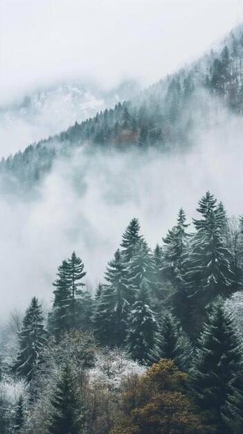 Pinos cubertos de nieve en el paisaje montañoso Escena serena de invierno