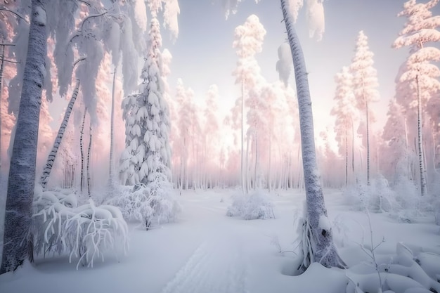 Pinos cubiertos de nieve en la noche helada Hermoso panorama invernal Red neuronal IA generada