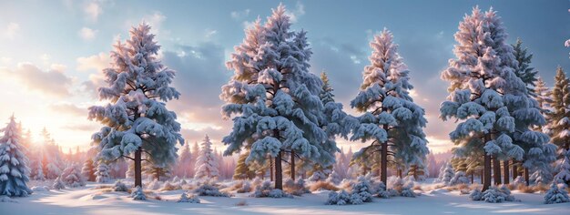 Pinos cubiertos de nieve en una noche helada Hermoso panorama invernal