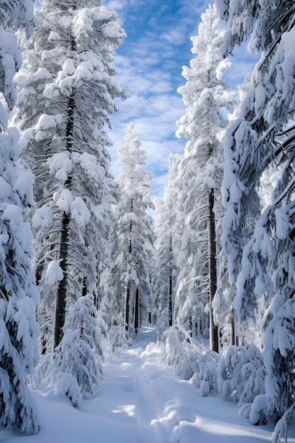 Pinos cubiertos de nieve en un paraíso invernal creado con inteligencia artificial generativa