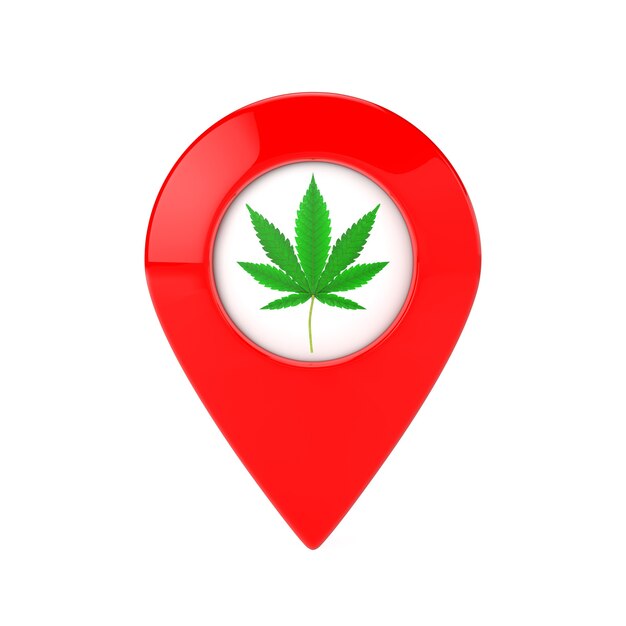 Pinos de ponteiro de mapa com maconha medicinal ou ícone de folha de cânhamo de cannabis em um fundo branco. renderização 3d