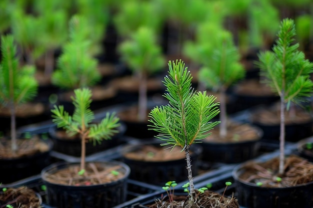 Los pinos jóvenes crecen en ollas en un vivero de árboles