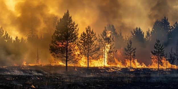 Los pinos jóvenes envueltos por las llamas del incendio