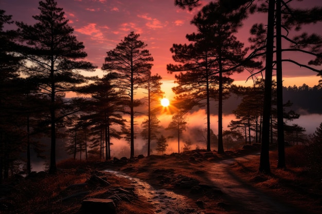 Foto los pinos laricios contrastan con el ia generativo del amanecer.