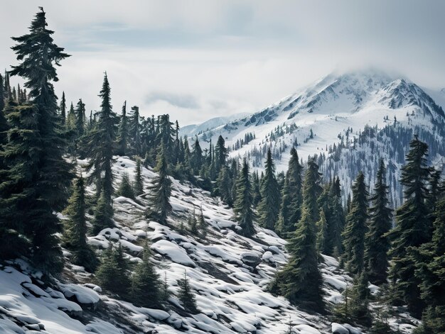 Pinos en la montaña cubierta de nieve Bosque mágico de invierno Paisaje natural con hermoso cielo