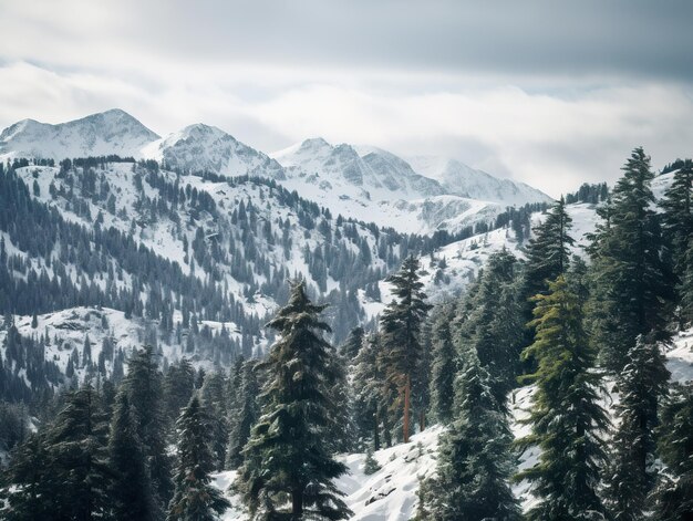 Pinos en la montaña cubierta de nieve Bosque mágico de invierno Paisaje natural con hermoso cielo