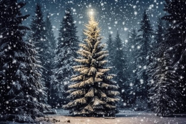 Pinos o árbol de Navidad decorado cubierto de nieve en el hermoso tema de Navidad de invierno al aire libre