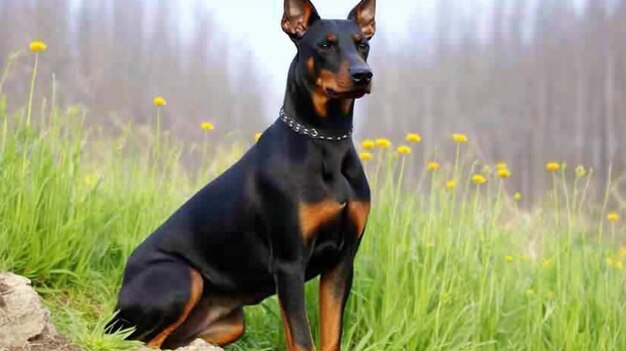 Pinscher doberman sentado en una roca