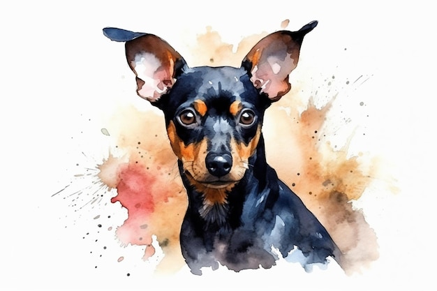 Pinscher miniatura adorável ilustração em aquarela de cachorrinho com manchas de cor toda a raça de cachorro