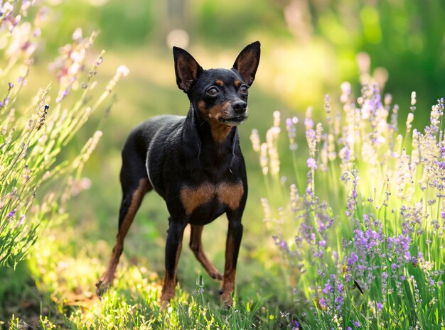 Pinscher en miniatura en la naturaleza