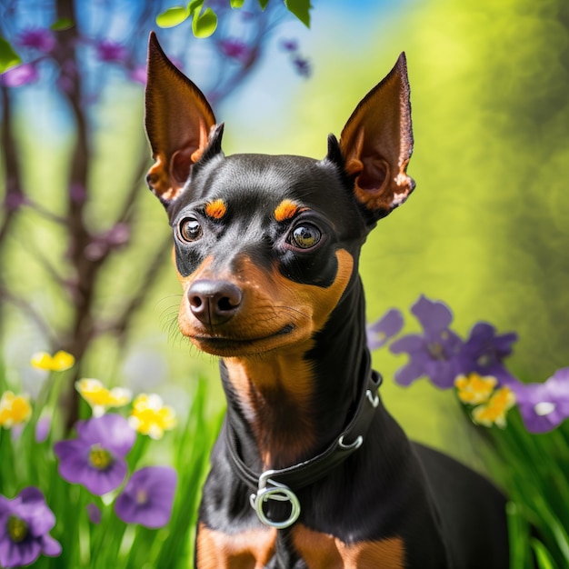 Pinscher miniatura realista sobre un deslumbrante fondo natural al aire libre