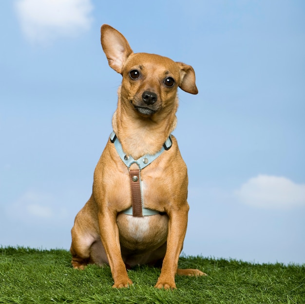 Pinscher (na grama contra o céu azul