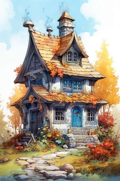 Se pinta una casa cubierta de hojas y flores.