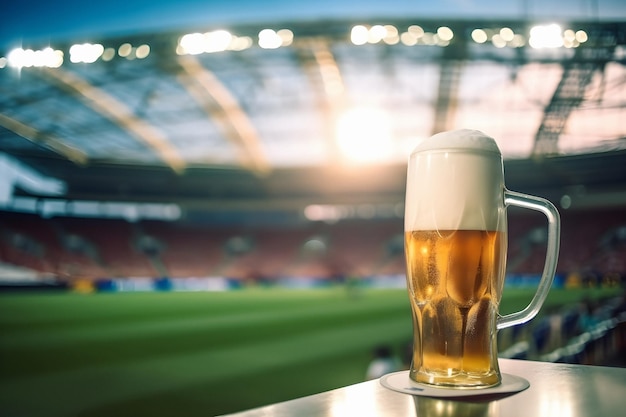una pinta de cerveza fresca con la gorra de espuma en el estadio de la liga de campeones del mundo al fondo