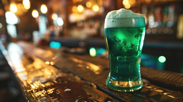 Pinta de cerveza verde espumosa en un bar con una cálida iluminación ambiental