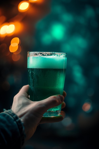 Pinta de cerveza verde sobre fondo oscuro en la mano de un hombre para una fiesta en un pub