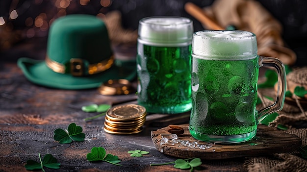 Pinta de cerveja irlandesa escura com cabeça de espuma irlandesa com decoração verde do Dia de São Patrício