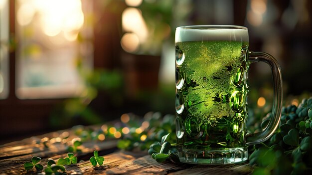 Foto pinta de cerveja irlandesa escura com cabeça de espuma irlandesa com decoração verde do dia de são patrício