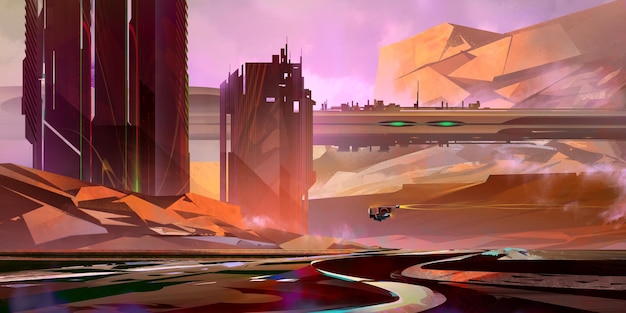 Foto pintado brillante paisaje fantástico del futuro en estilo cyberpunk