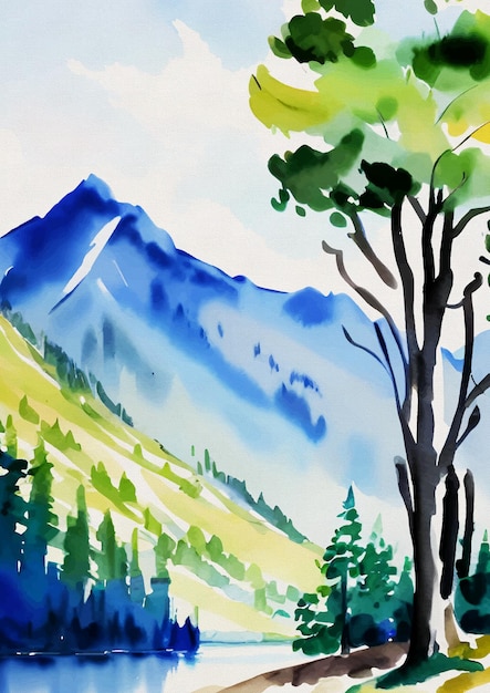 Pintado a mano Acuarela Montañas ravel Pintura Lienzo Lámina artística