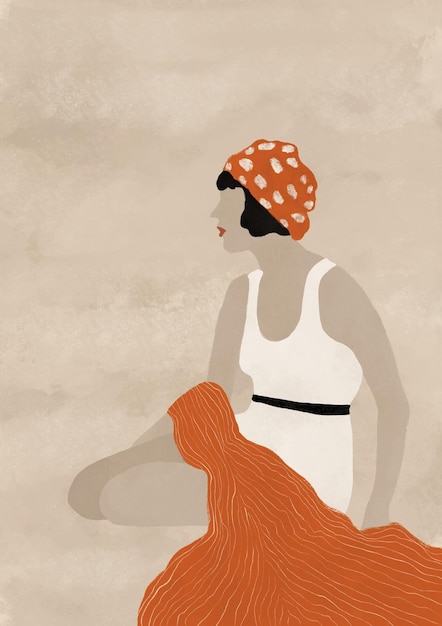 Pintado a mano Mujer dibujada a mano Playa Retro Vintage Estética Moderna Línea Arte Colorido Lienzo Arte