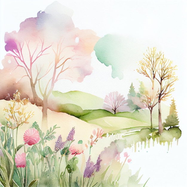 Pintando aquarela paisagem linda primavera fundo da natureza