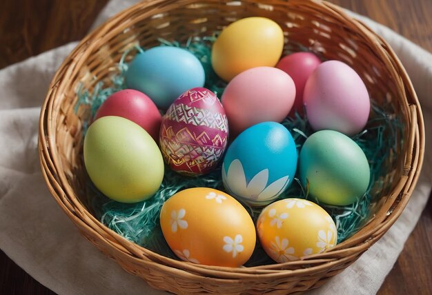 Foto pintando huevos de pascua en una canasta de mimbre