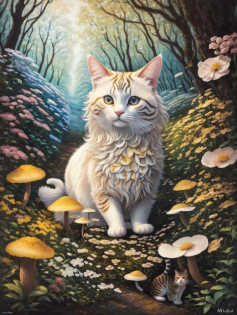 pintando un lindo gato en un hermoso bosque con