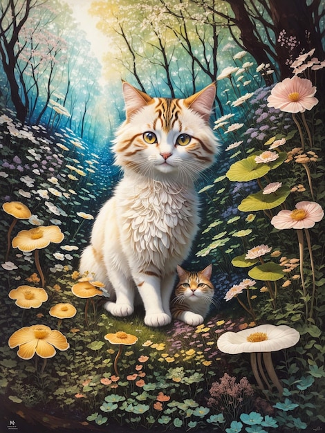 pintando un lindo gato en un hermoso bosque con