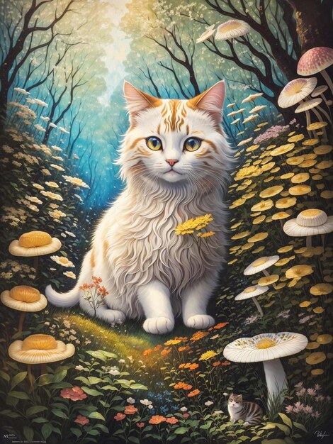 pintando un lindo gato en un hermoso bosque con