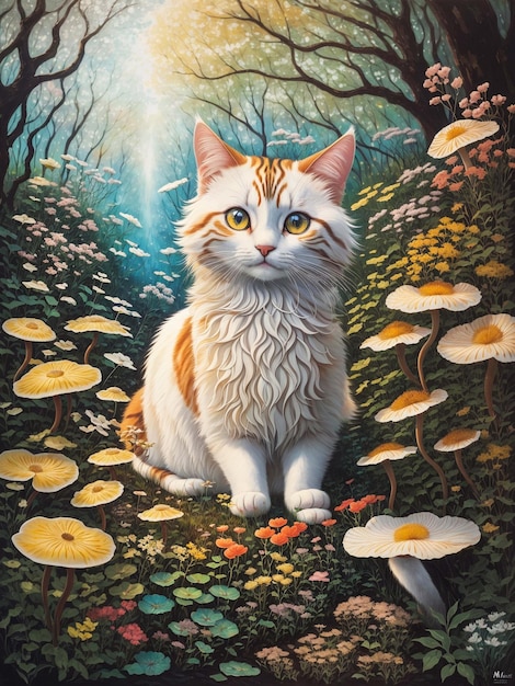 pintando un lindo gato en un hermoso bosque con