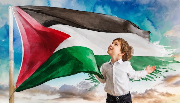 Pintando uma aquarela de uma criança palestina com a bandeira nacional da Palestina Gerado por Ai