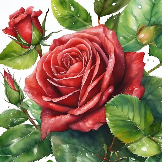 Foto pintar una composición de acuarela con una rosa roja rodeada de frondoso follaje y gotas de rocío