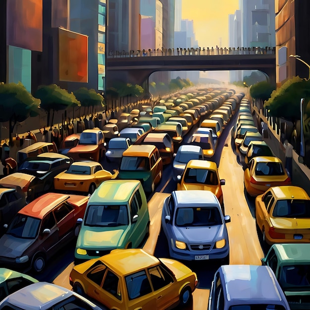 Pintar una escena de pandemonio vehicular en las calles de la ciudad generado por la IA