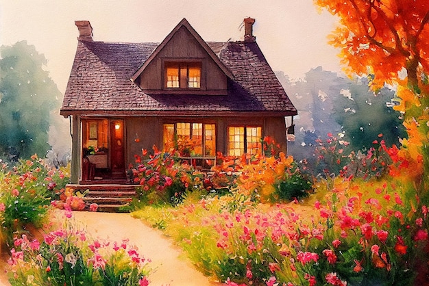 Pintar con macizos de flores de una casa.