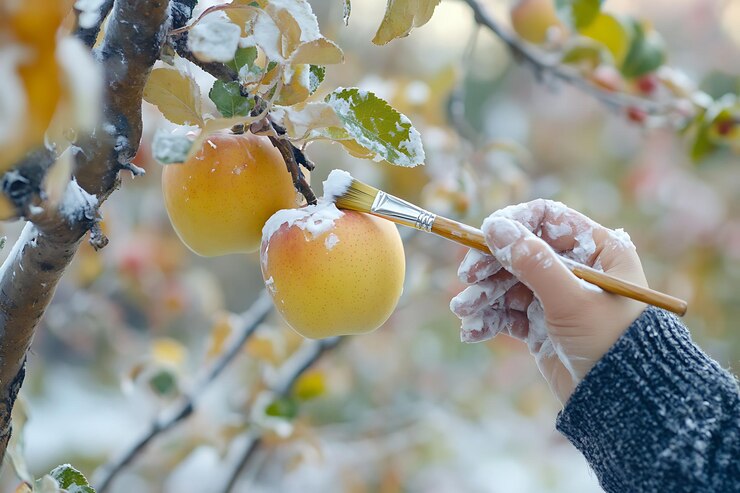 Pintar nieve a mano en las manzanas