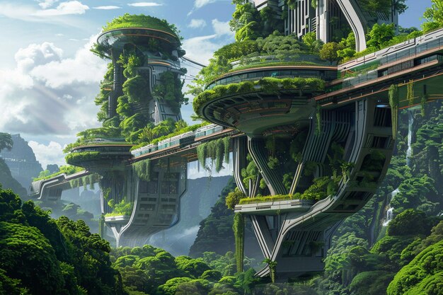 Pintar un paisaje futurista donde la vegetación exuberante i generativo ai