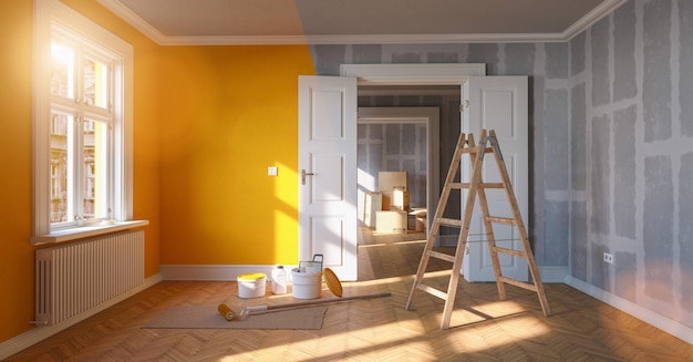 Foto pintar la pared de amarillo en la habitación antes y después de la restauración o remodelación