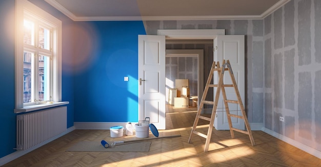 Pintar la pared azul en la habitación antes y después de la restauración o remodelación