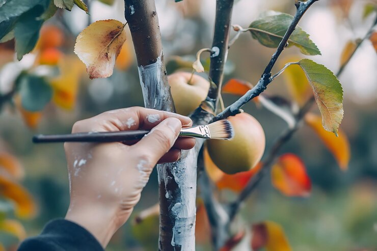 Pintar con pincel la pintura blanca en el manzano