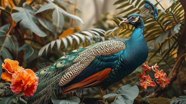 pintar una rama de árbol con una flor y un pavo real