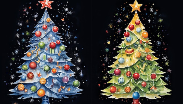 Pinte un árbol de Navidad bellamente decorado con luces de adornos y una estrella o ángel superior