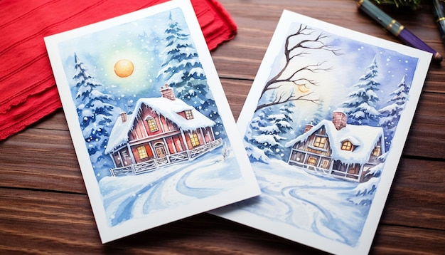 Pinte cartões de Natal em aquarela personalizados com desenhos festivos como flocos de neve, ornamentos ou paisagens de férias