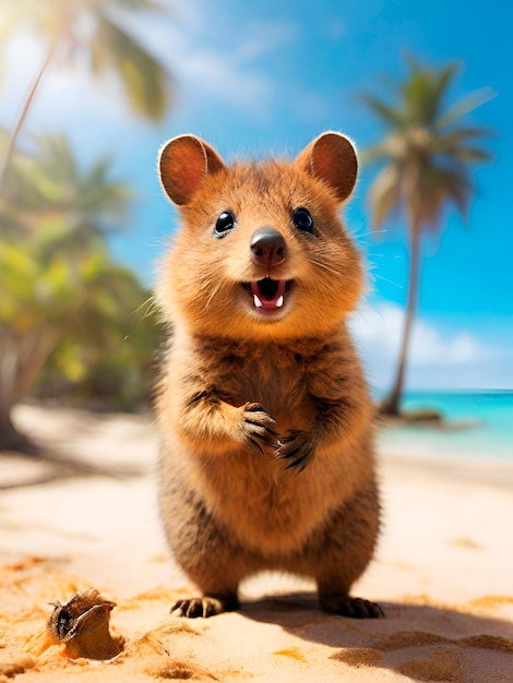 Foto pinte um dia ensolarado em uma ilha australiana com praias de areia e palmeiras mostre um quokka com