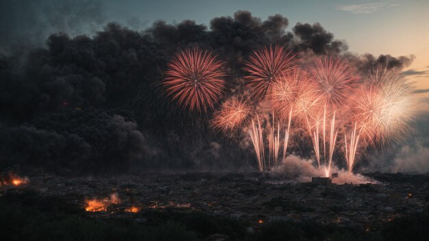 Pinte uma imagem de uma cidade esquecida onde fogos de artifício automatizados continuam a iluminar o céu por muito tempo