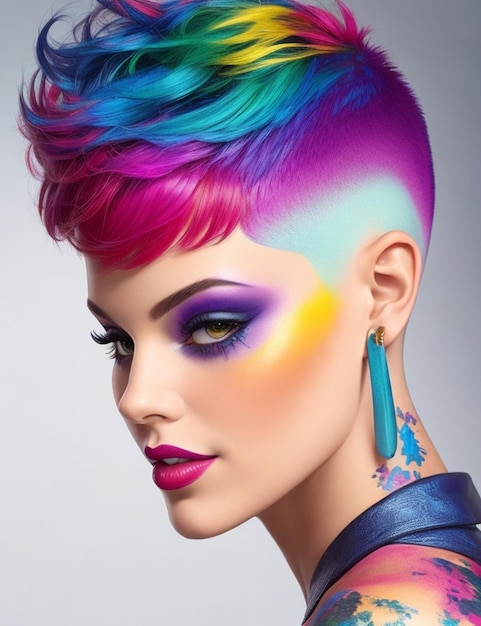 Pinte uma imagem vibrante de uma mulher com um corte pixie colorido mostrando sua ousada e única personalidade generativa ai