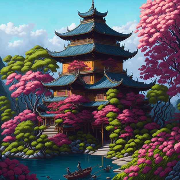 Pinte uma imagem vívida de um castelo de quatro andares em estilo asiático com um jardim tranquilo e flores coloridas.